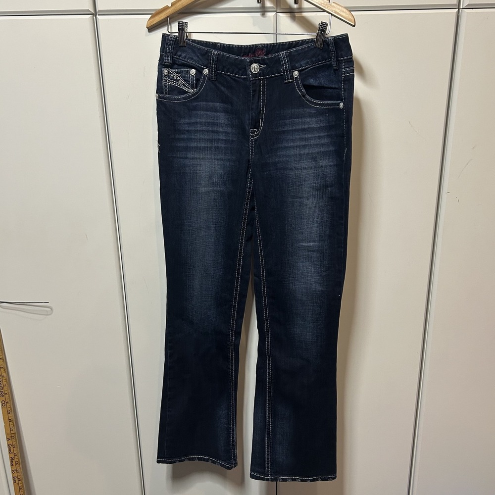 Rock and Roll Cowgirl Mid Rise Bootcut Jeans Dark Wash Rhinestone 32x34 W32 L34